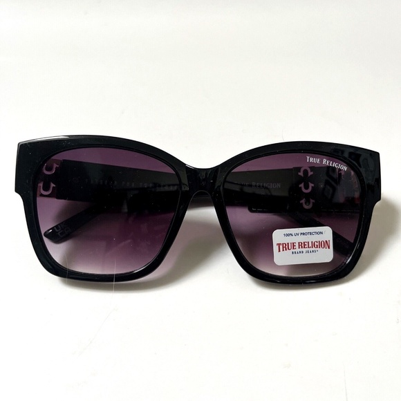 NWT True Religion Cat Eye Sunglasses Black Gold Logo 4U Logo Gradient main image 9